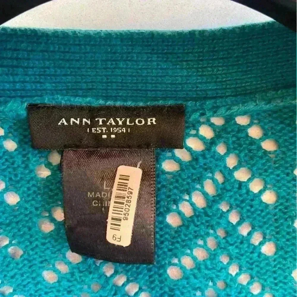 Ann Taylor Open Knit Crochet Cardigan Size L Teal V neck Lightweight Casual Fall - Picture 6 of 9